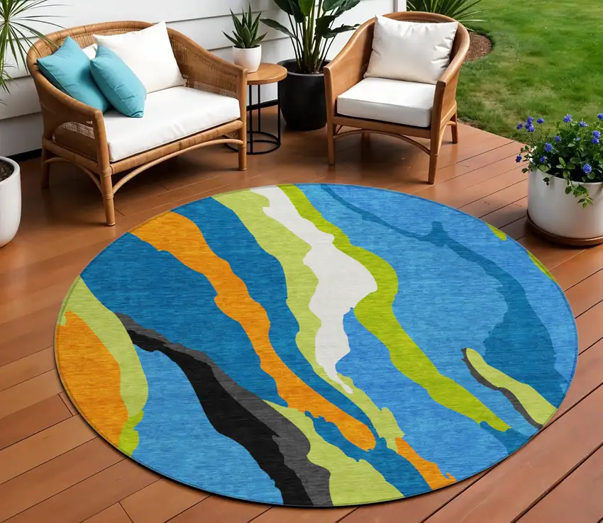 8' Denim Blue Copper And Green Round Abstract Washable Indoor Outdoor Area Rug Photo 1