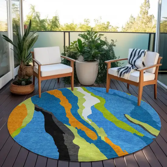 8' Denim Blue Copper And Green Round Abstract Washable Indoor Outdoor Area Rug Photo 7