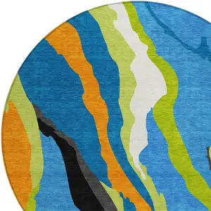 Photo of 8' Denim Blue Copper And Green Round Abstract Washable Indoor Outdoor Area Rug