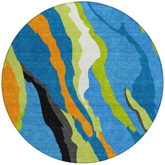 8' Denim Blue Copper And Green Round Abstract Washable Indoor Outdoor Area Rug Photo 6