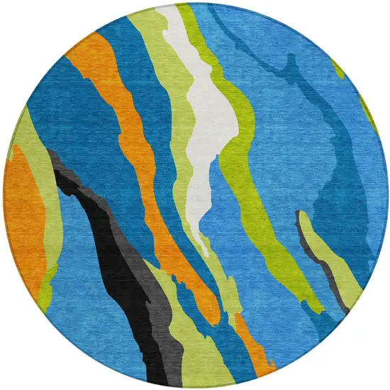 8' Denim Blue Copper And Green Round Abstract Washable Indoor Outdoor Area Rug Photo 2