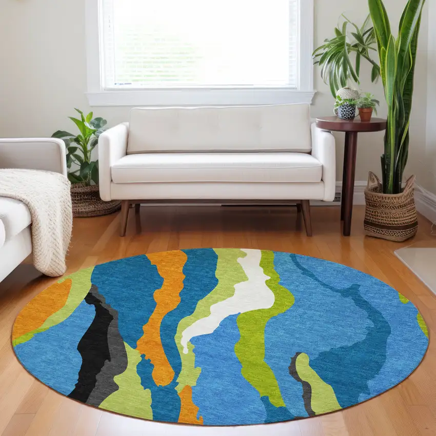 8' Denim Blue Copper And Green Round Abstract Washable Indoor Outdoor Area Rug Photo 8