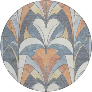 Photo of 8' Denim Blue Copper And Ivory Round Geometric Washable Indoor Outdoor Area Rug