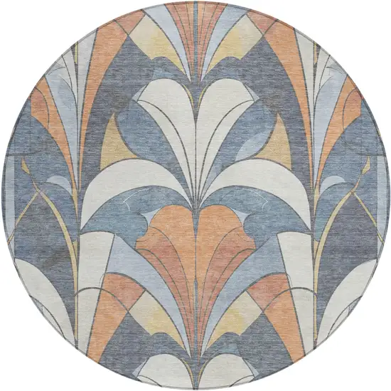 8' Denim Blue Copper And Ivory Round Geometric Washable Indoor Outdoor Area Rug Photo 1