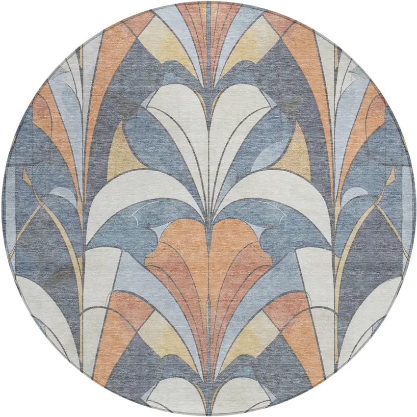 8' Denim Blue Copper And Ivory Round Geometric Washable Indoor Outdoor Area Rug Photo 1