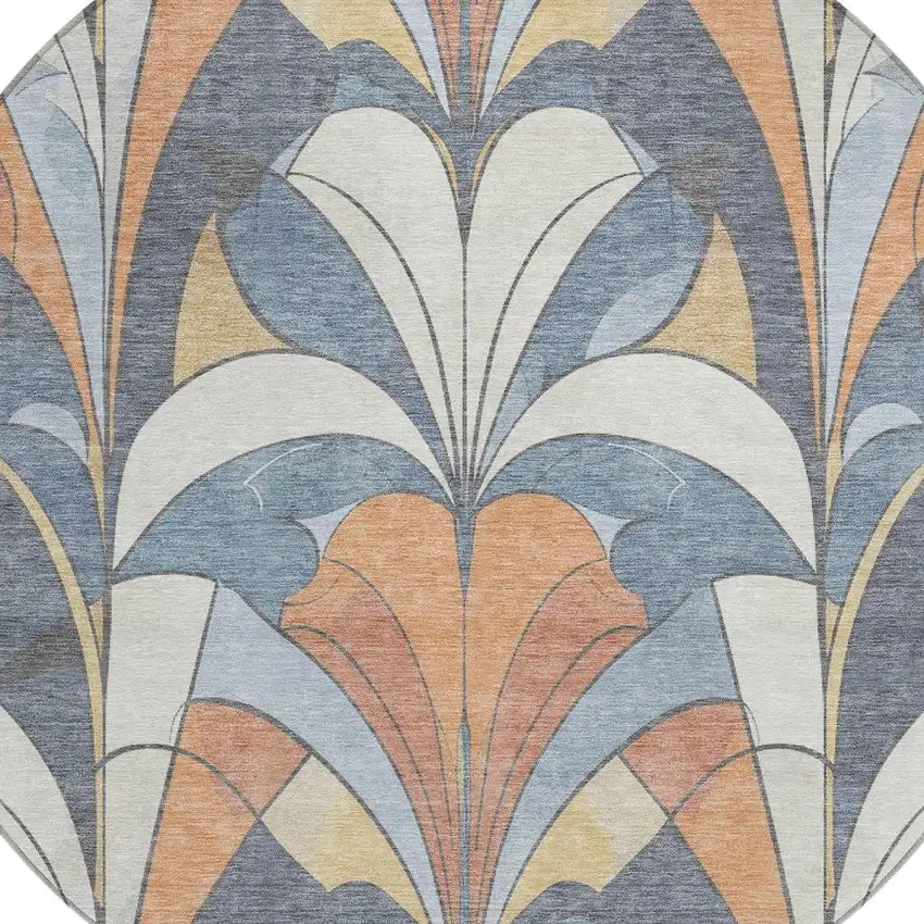 8' Denim Blue Copper And Ivory Round Geometric Washable Indoor Outdoor Area Rug Photo 7