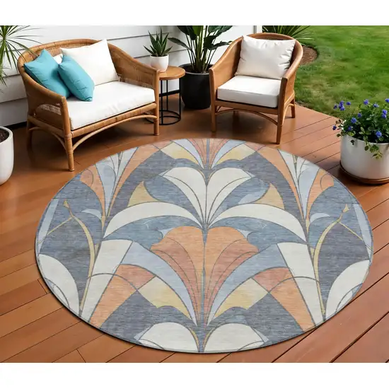 8' Denim Blue Copper And Ivory Round Geometric Washable Indoor Outdoor Area Rug Photo 2