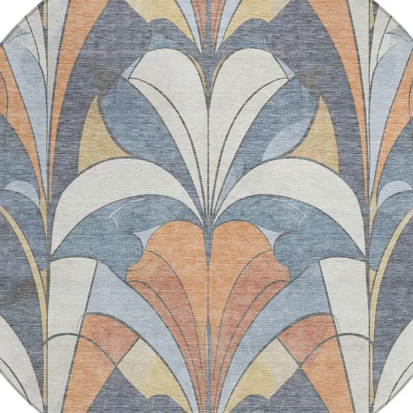 8' Denim Blue Copper And Ivory Round Geometric Washable Indoor Outdoor Area Rug Photo 6