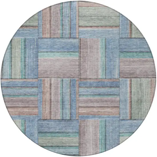 8' Denim Blue Coral And Gray Round Geometric Washable Indoor Outdoor Area Rug Photo 2