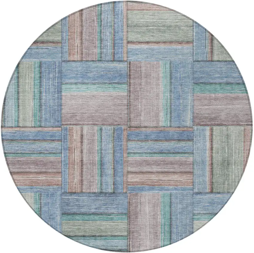 8' Denim Blue Coral And Gray Round Geometric Washable Indoor Outdoor Area Rug Photo 2