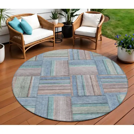 8' Denim Blue Coral And Gray Round Geometric Washable Indoor Outdoor Area Rug Photo 1