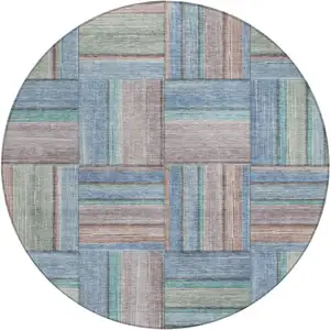 Photo of 8' Denim Blue Coral And Gray Round Geometric Washable Indoor Outdoor Area Rug