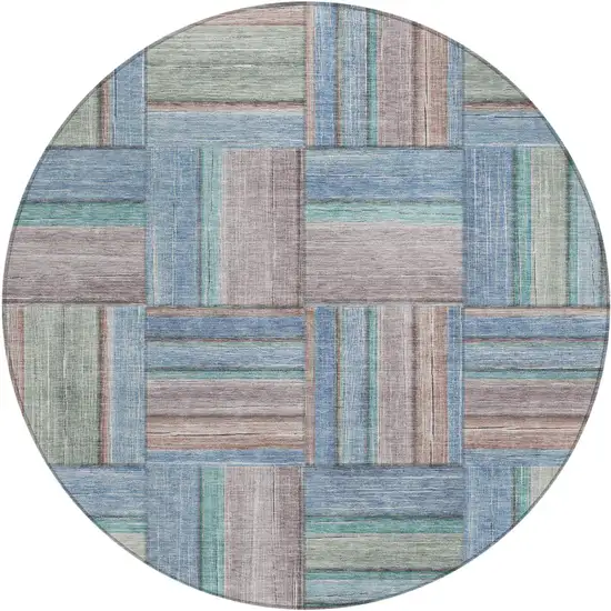 8' Denim Blue Coral And Gray Round Geometric Washable Indoor Outdoor Area Rug Photo 1