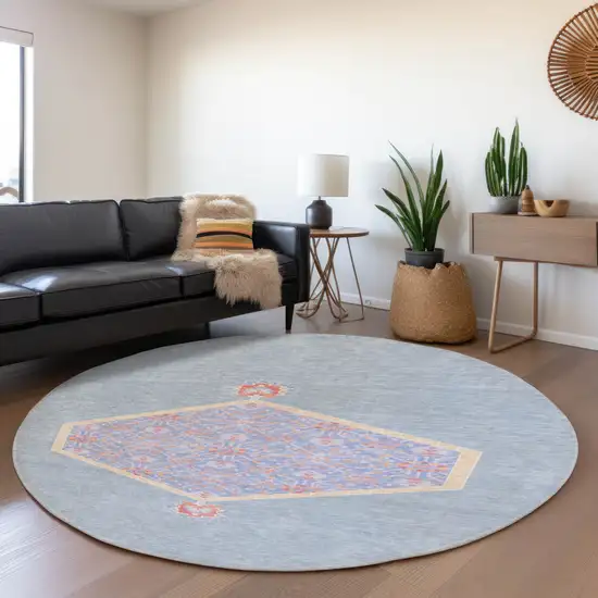 8' Denim Blue Coral And Wheat Oriental Washable Round Rug With UV Protection Photo 4