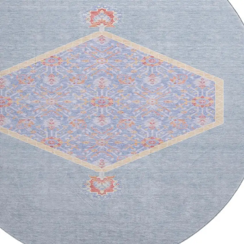 8' Denim Blue Coral And Wheat Oriental Washable Round Rug With UV Protection Photo 2