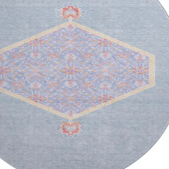 8' Denim Blue Coral And Wheat Oriental Washable Round Rug With UV Protection Photo 2