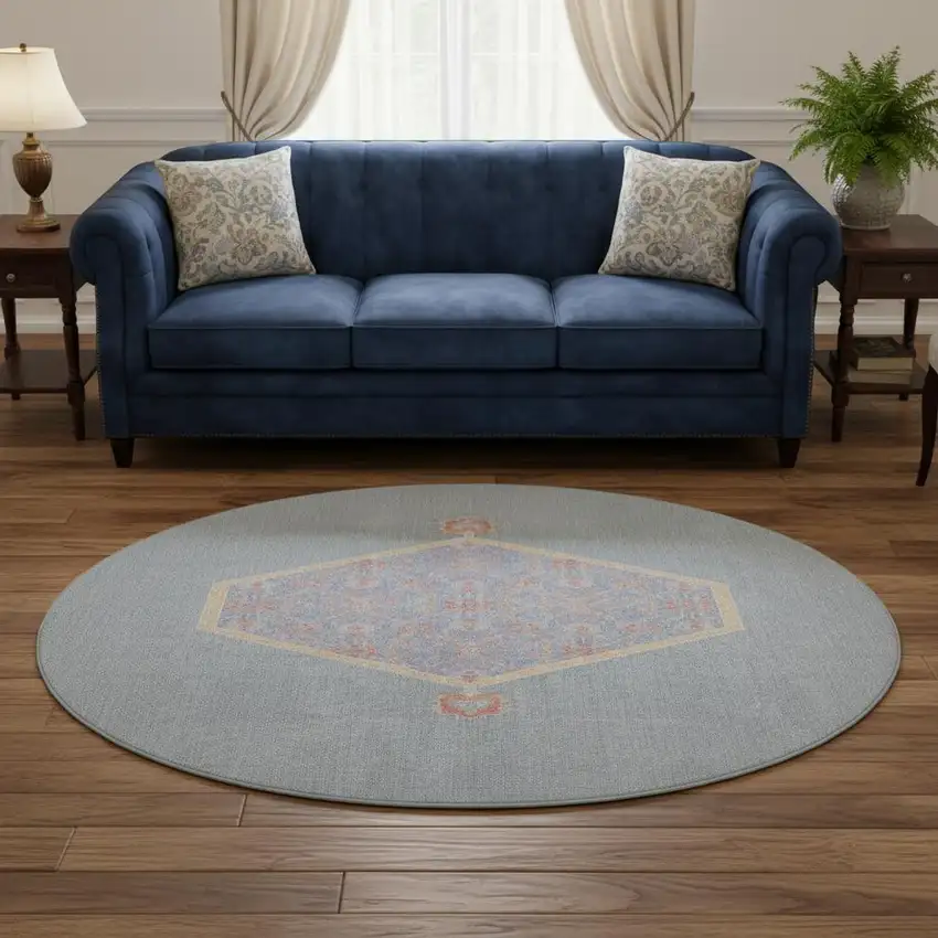 8' Denim Blue Coral And Wheat Oriental Washable Round Rug With UV Protection Photo 2