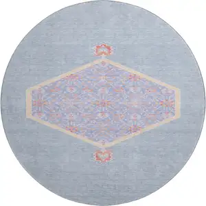 Photo of 8' Denim Blue Coral And Wheat Oriental Washable Round Rug With UV Protection