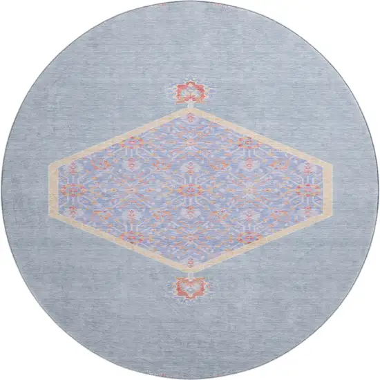 8' Denim Blue Coral And Wheat Oriental Washable Round Rug With UV Protection Photo 1
