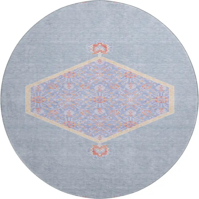 8' Denim Blue Coral And Wheat Oriental Washable Round Rug With UV Protection Photo 1