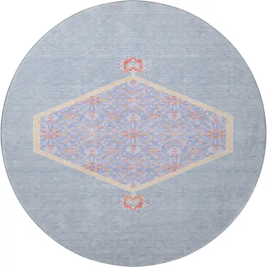 8' Denim Blue Coral And Wheat Oriental Washable Round Rug With UV Protection Photo 3