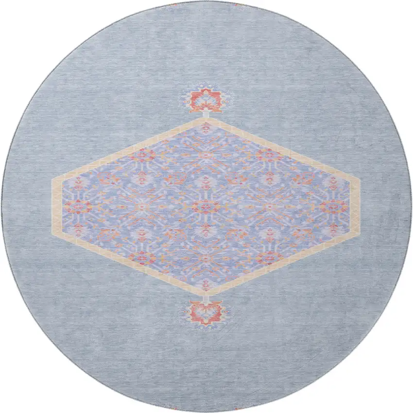 8' Denim Blue Coral And Wheat Oriental Washable Round Rug With UV Protection Photo 3