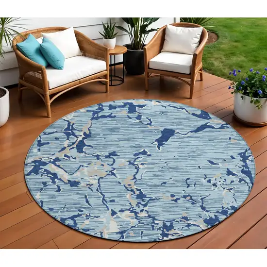 8' Denim Blue Dark Blue And Ivory Round Striped Washable Indoor Outdoor Area Rug Photo 1