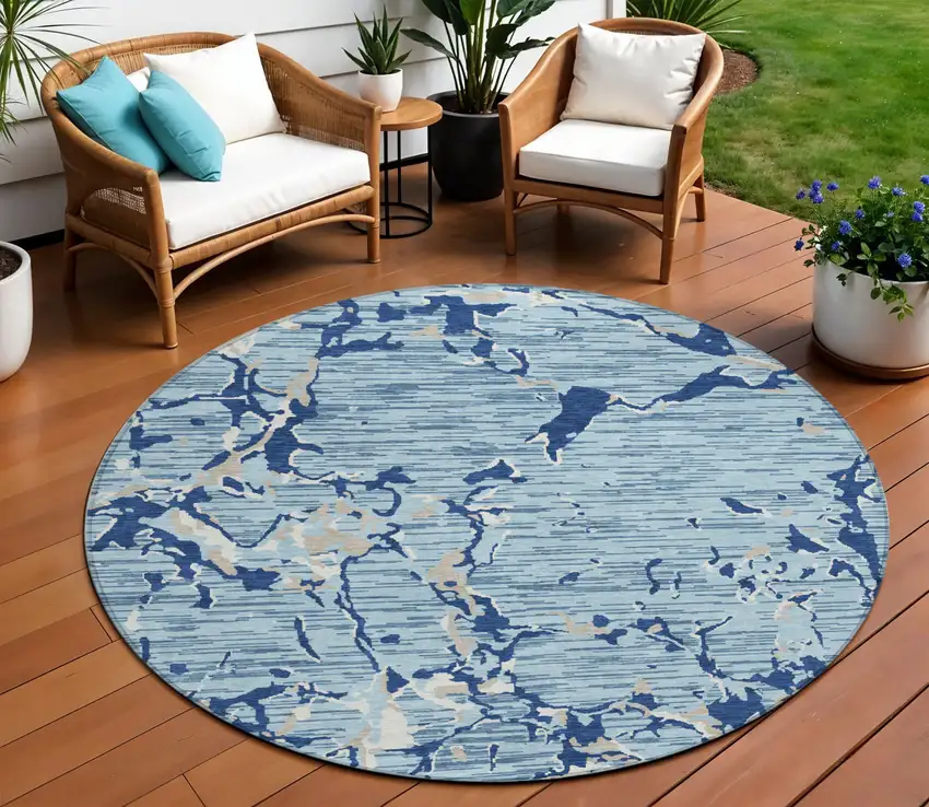 8' Denim Blue Dark Blue And Ivory Round Striped Washable Indoor Outdoor Area Rug Photo 1