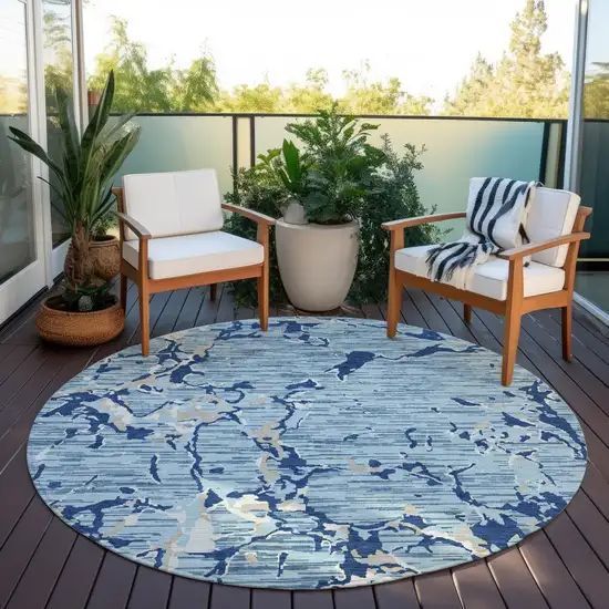 8' Denim Blue Dark Blue And Ivory Round Striped Washable Indoor Outdoor Area Rug Photo 7