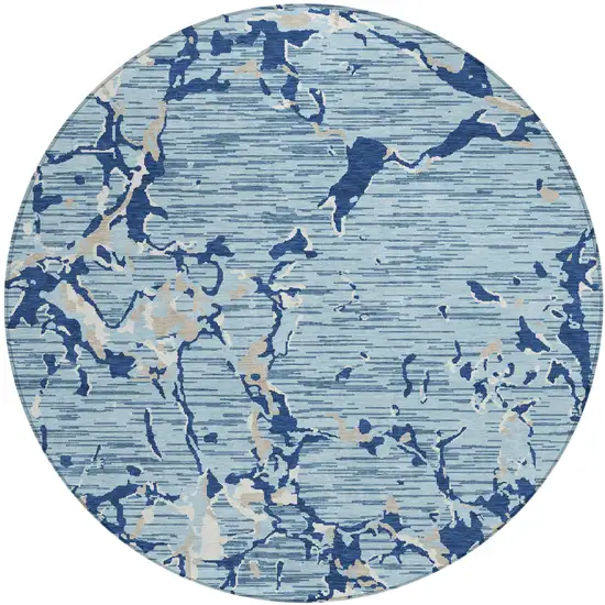 8' Denim Blue Dark Blue And Ivory Round Striped Washable Indoor Outdoor Area Rug Photo 2