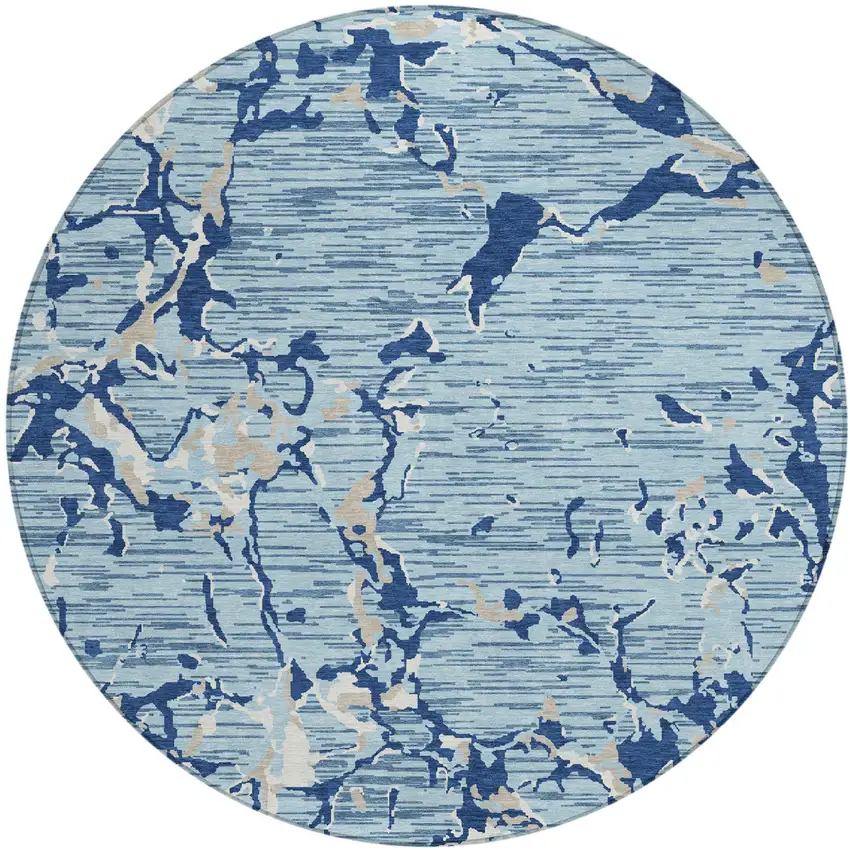 8' Denim Blue Dark Blue And Ivory Round Striped Washable Indoor Outdoor Area Rug Photo 2