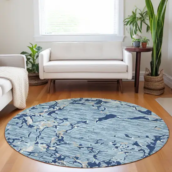 8' Denim Blue Dark Blue And Ivory Round Striped Washable Indoor Outdoor Area Rug Photo 8