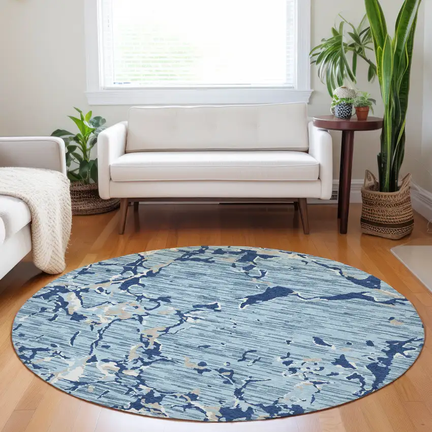 8' Denim Blue Dark Blue And Ivory Round Striped Washable Indoor Outdoor Area Rug Photo 8