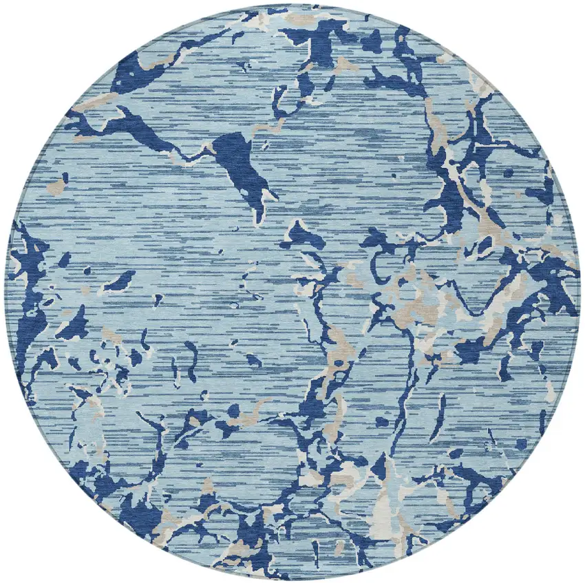 8' Denim Blue Dark Blue And Ivory Round Striped Washable Indoor Outdoor Area Rug Photo 5