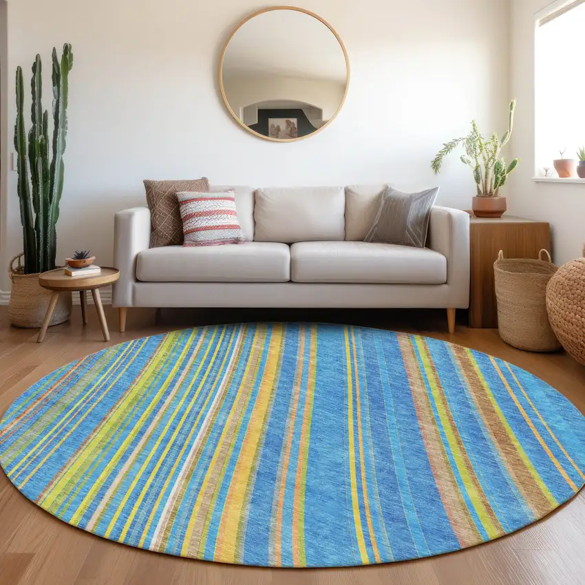 8' Denim Blue Gold And Lime Green Striped Washable Round Rug With UV Protection Photo 3