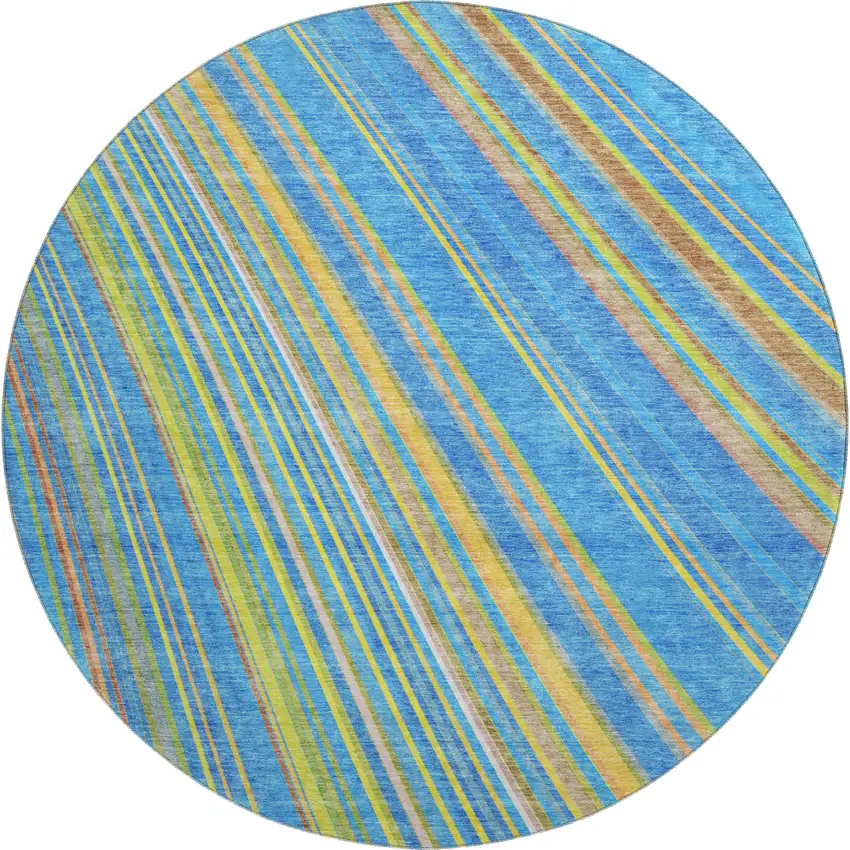 8' Denim Blue Gold And Lime Green Striped Washable Round Rug With UV Protection Photo 1