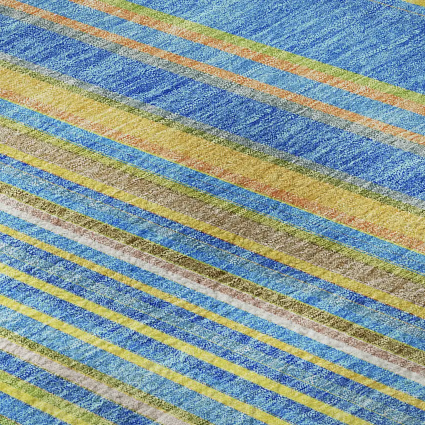 8' Denim Blue Gold And Lime Green Striped Washable Round Rug With UV Protection Photo 7