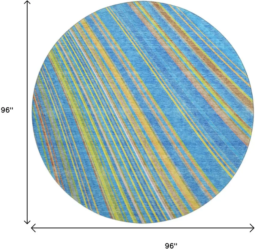 8' Denim Blue Gold And Lime Green Striped Washable Round Rug With UV Protection Photo 8