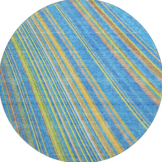 8' Denim Blue Gold And Lime Green Striped Washable Round Rug With UV Protection Photo 2