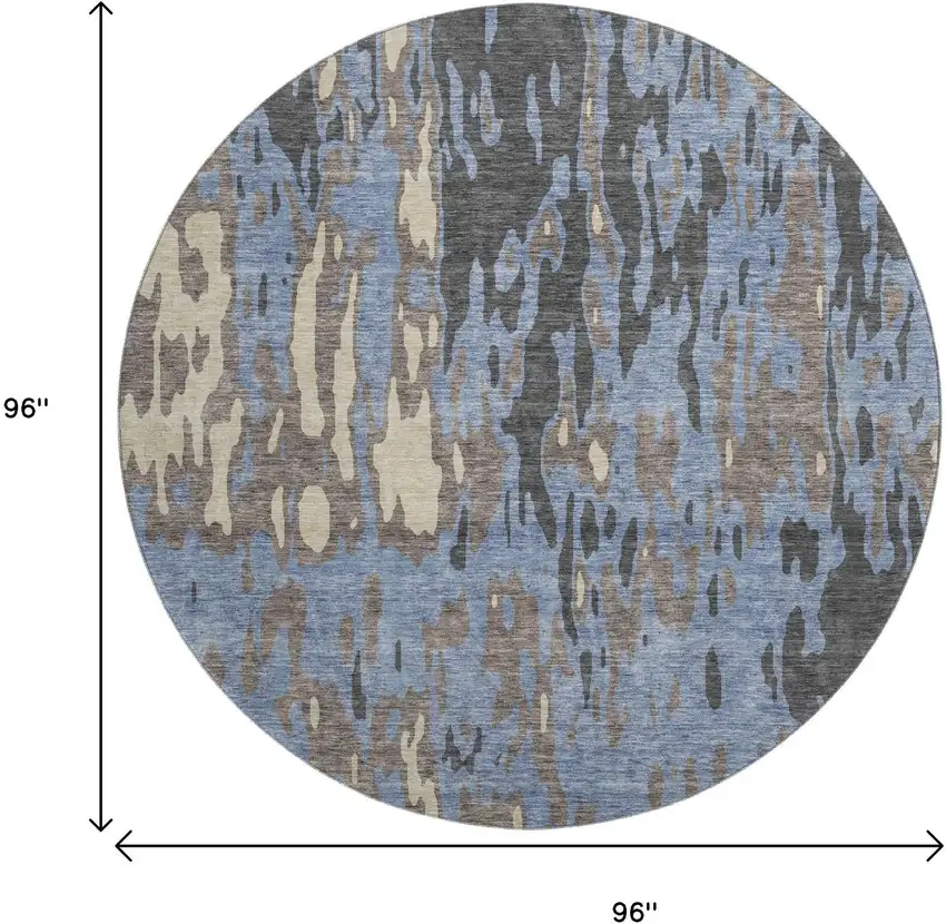 8' Denim Blue Gray And Beige Abstract Washable Round Rug With UV Protection Photo 9