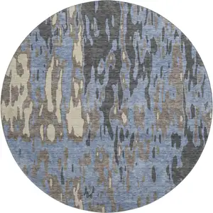 Photo of 8' Denim Blue Gray And Beige Abstract Washable Round Rug With UV Protection