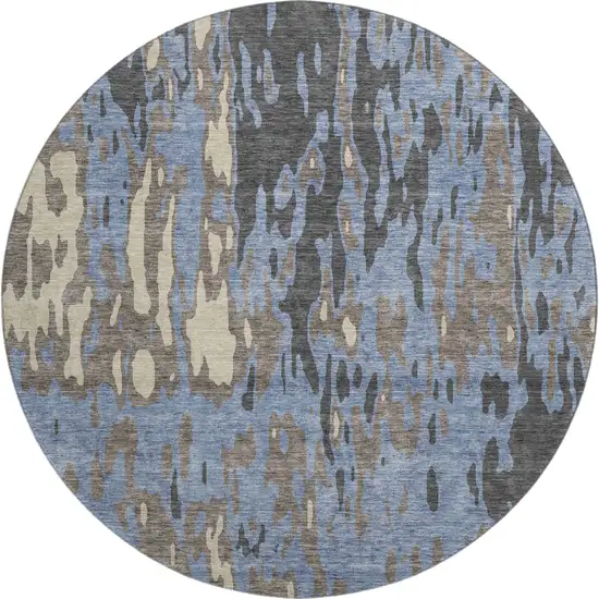 8' Denim Blue Gray And Beige Abstract Washable Round Rug With UV Protection Photo 1