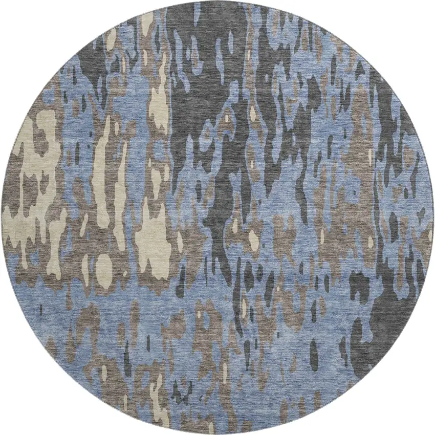 8' Denim Blue Gray And Beige Abstract Washable Round Rug With UV Protection Photo 1