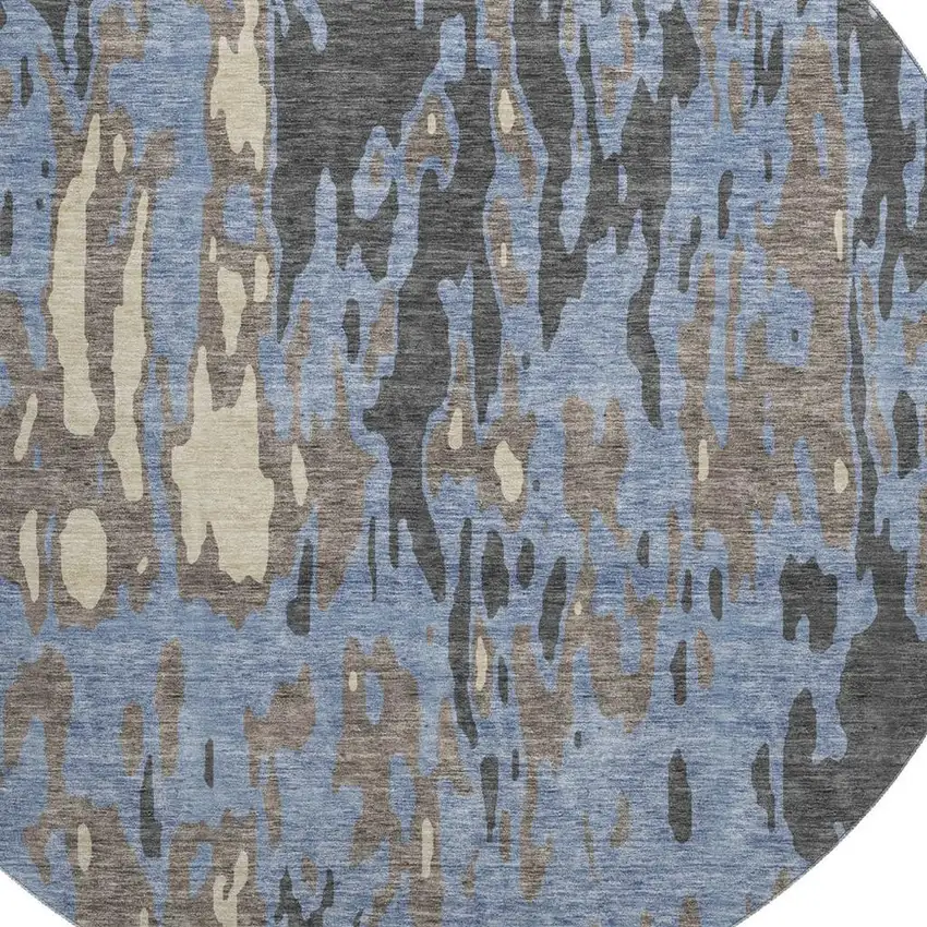 8' Denim Blue Gray And Beige Abstract Washable Round Rug With UV Protection Photo 2