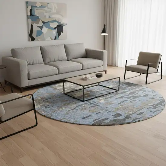 8' Denim Blue Gray And Beige Abstract Washable Round Rug With UV Protection Photo 2