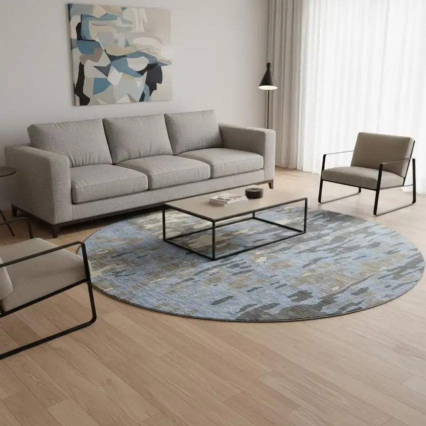 8' Denim Blue Gray And Beige Abstract Washable Round Rug With UV Protection Photo 2