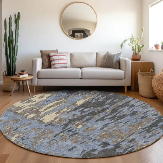 8' Denim Blue Gray And Beige Abstract Washable Round Rug With UV Protection Photo 4