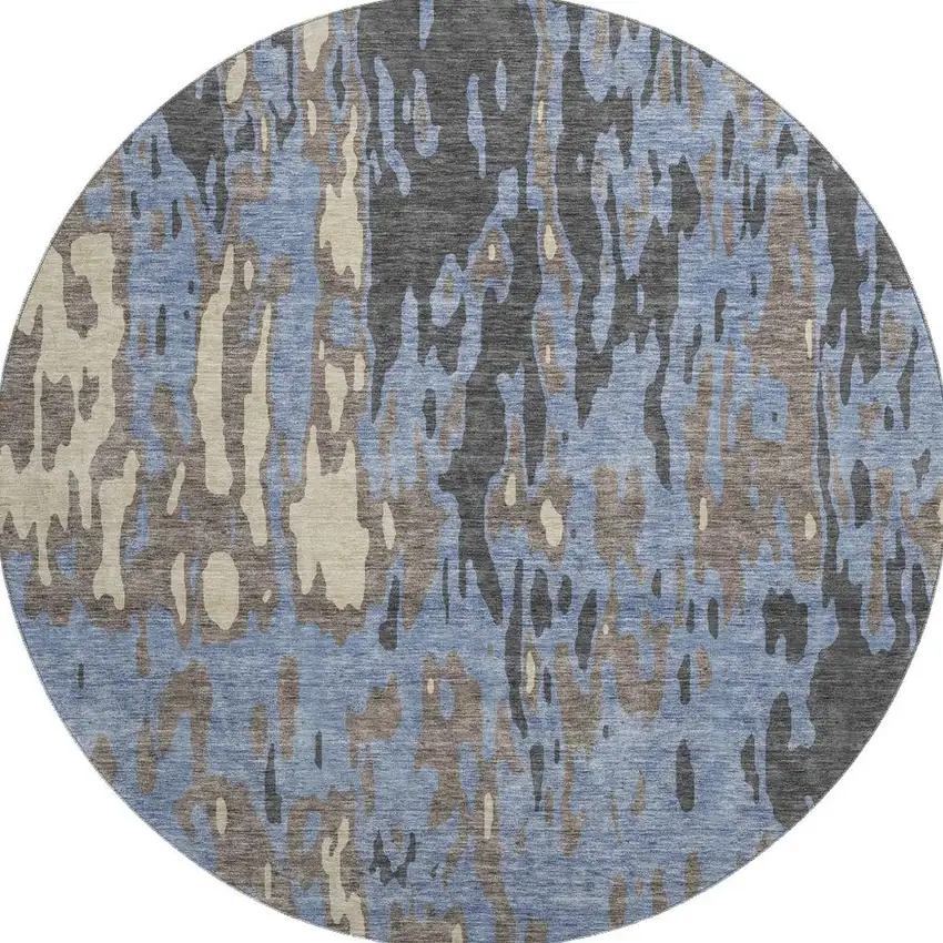 8' Denim Blue Gray And Beige Abstract Washable Round Rug With UV Protection Photo 3