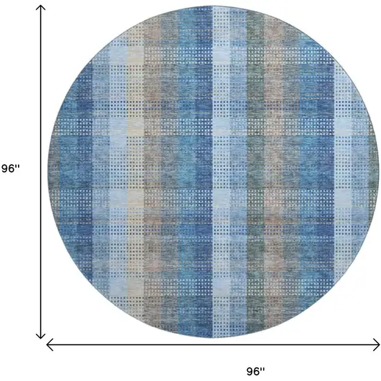 8' Denim Blue Gray And Beige Plaid Washable Round Rug With UV Protection Photo 9