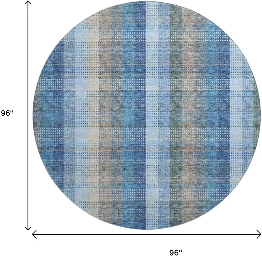 8' Denim Blue Gray And Beige Plaid Washable Round Rug With UV Protection Photo 9